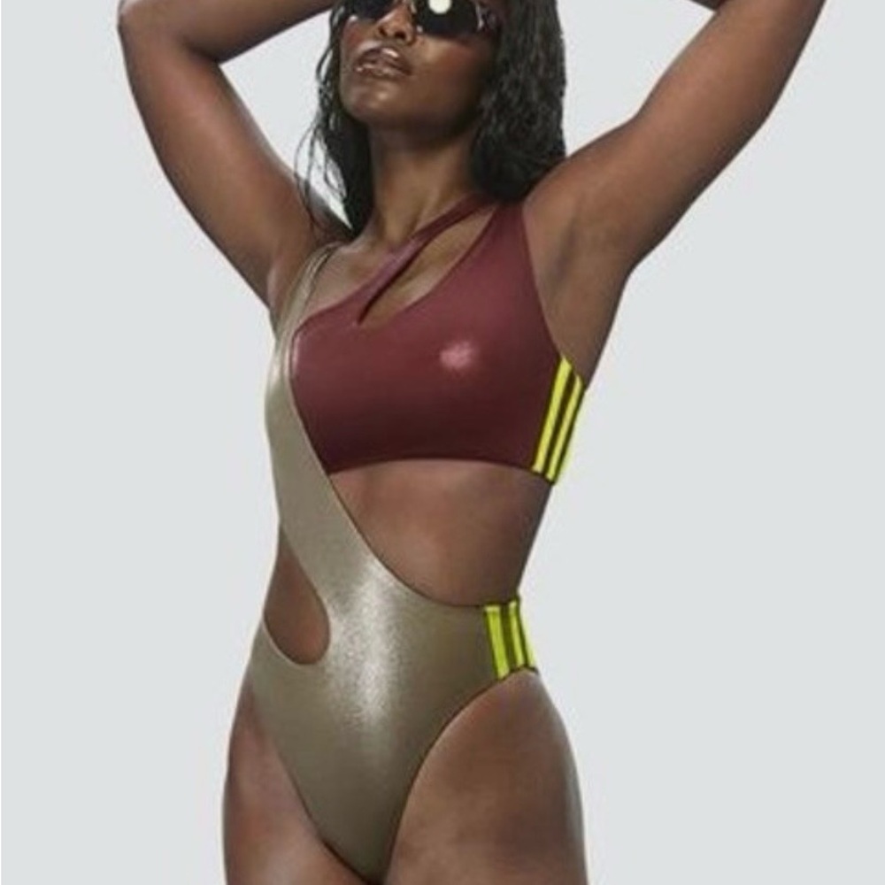 Ivy Park X Adidas Asymmetric Cutout two-Piece Swimsuit Olive & Maroon. size L